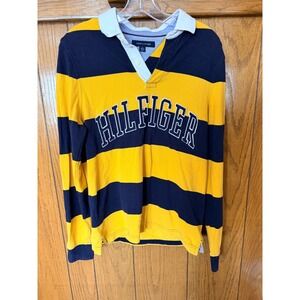 VINTAGE Tommy Hilfiger Mens XS Rugby Shirt Navy Blue Yellow Striped Long Sleeve